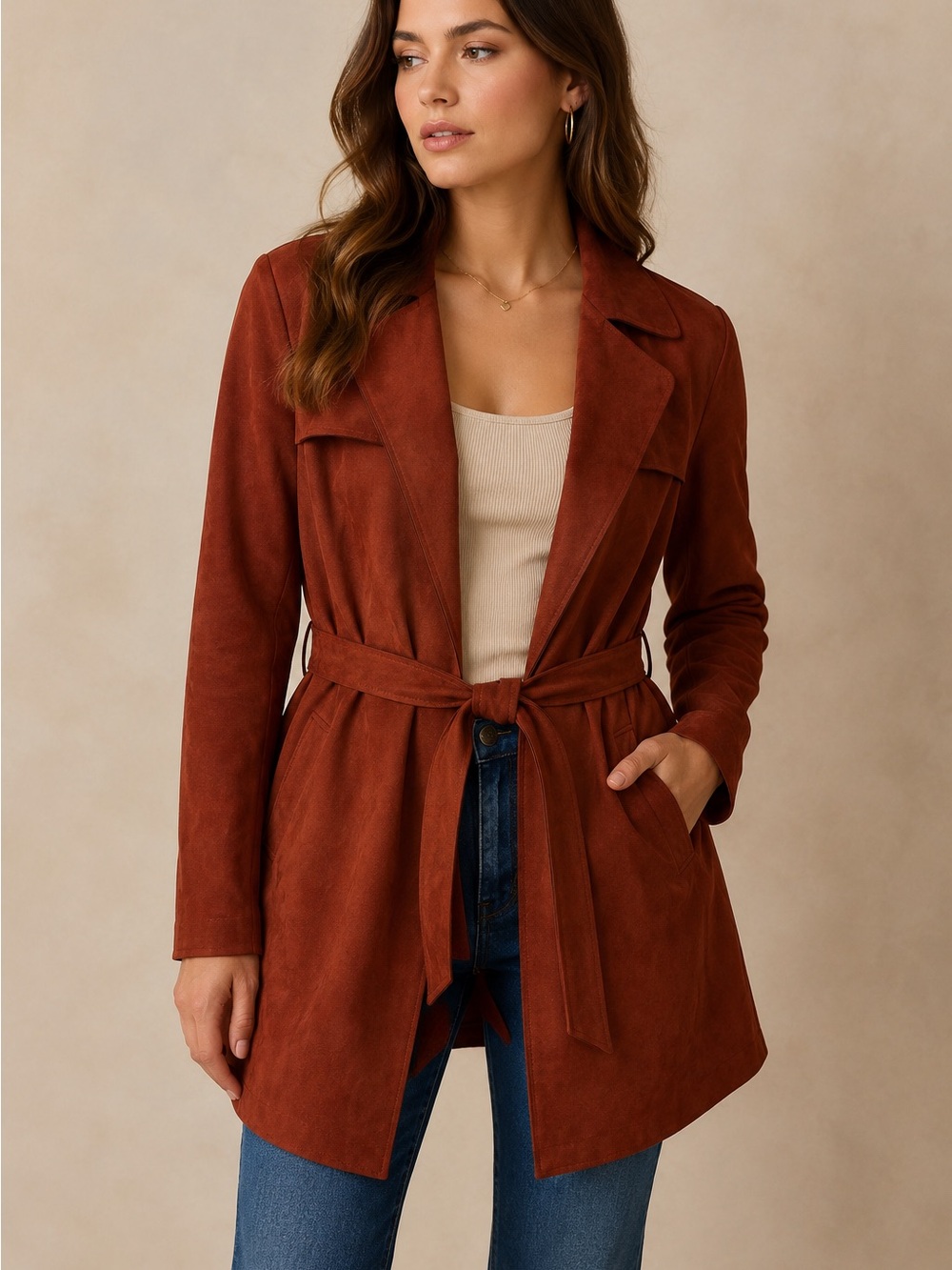 Solitaire burnt red suede waist tie coat size medium